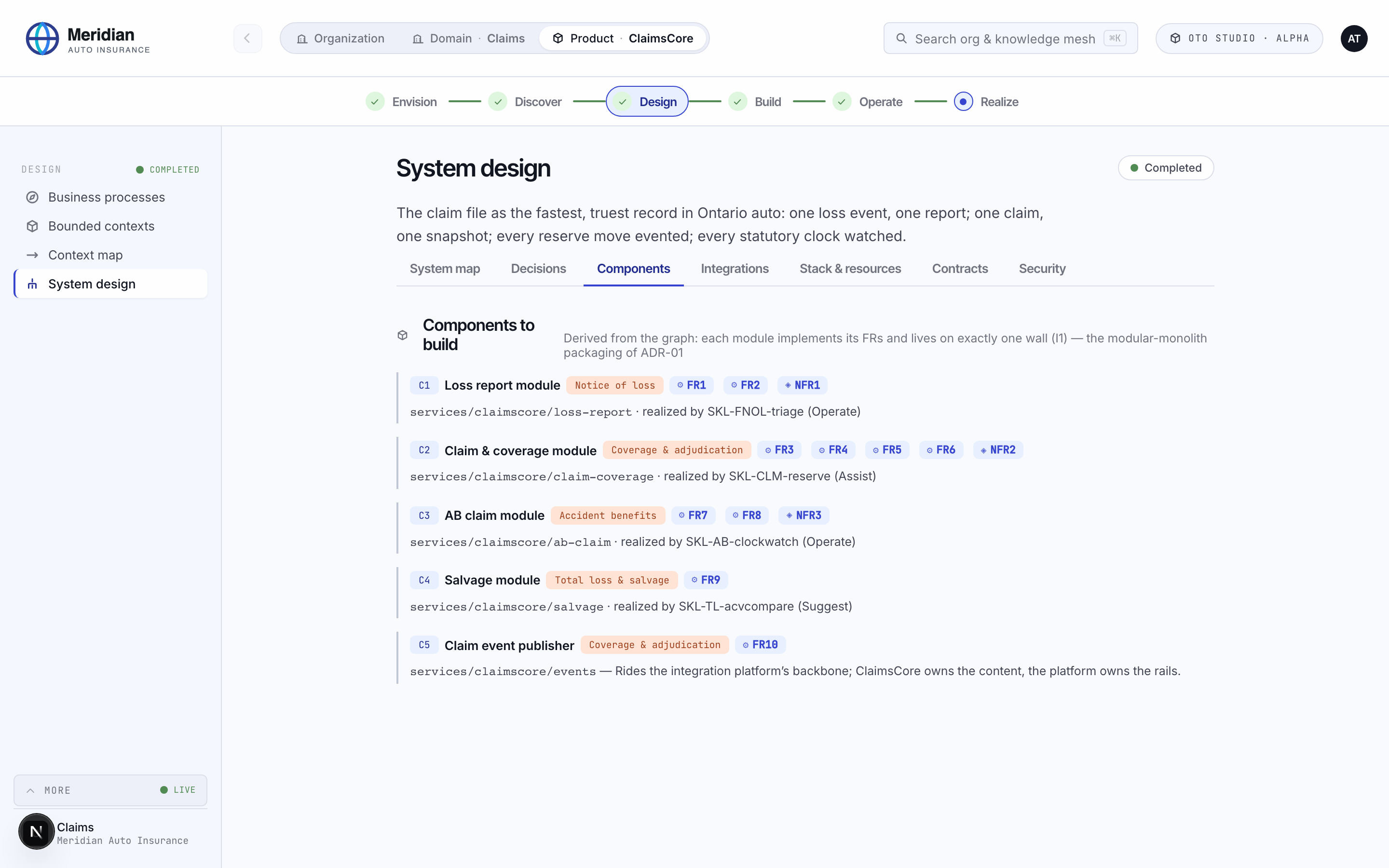 Components to build, each implementing its requirements