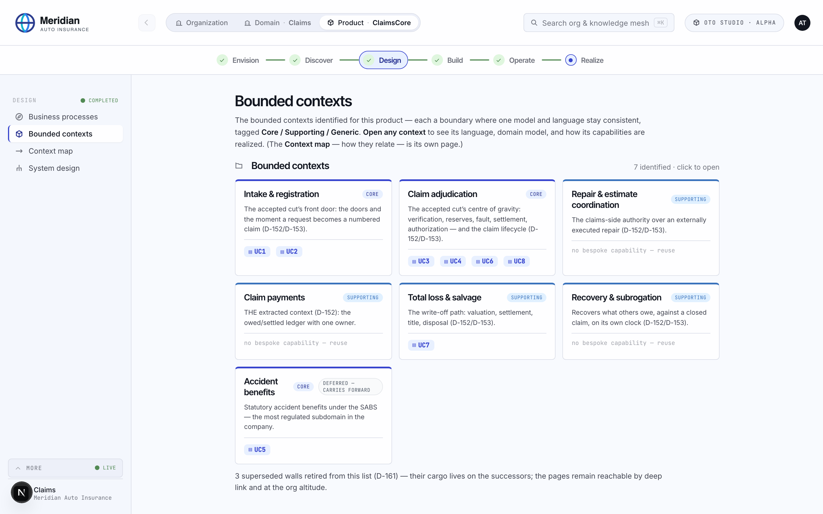 Bounded contexts of the product, each core, supporting or generic, with its use cases