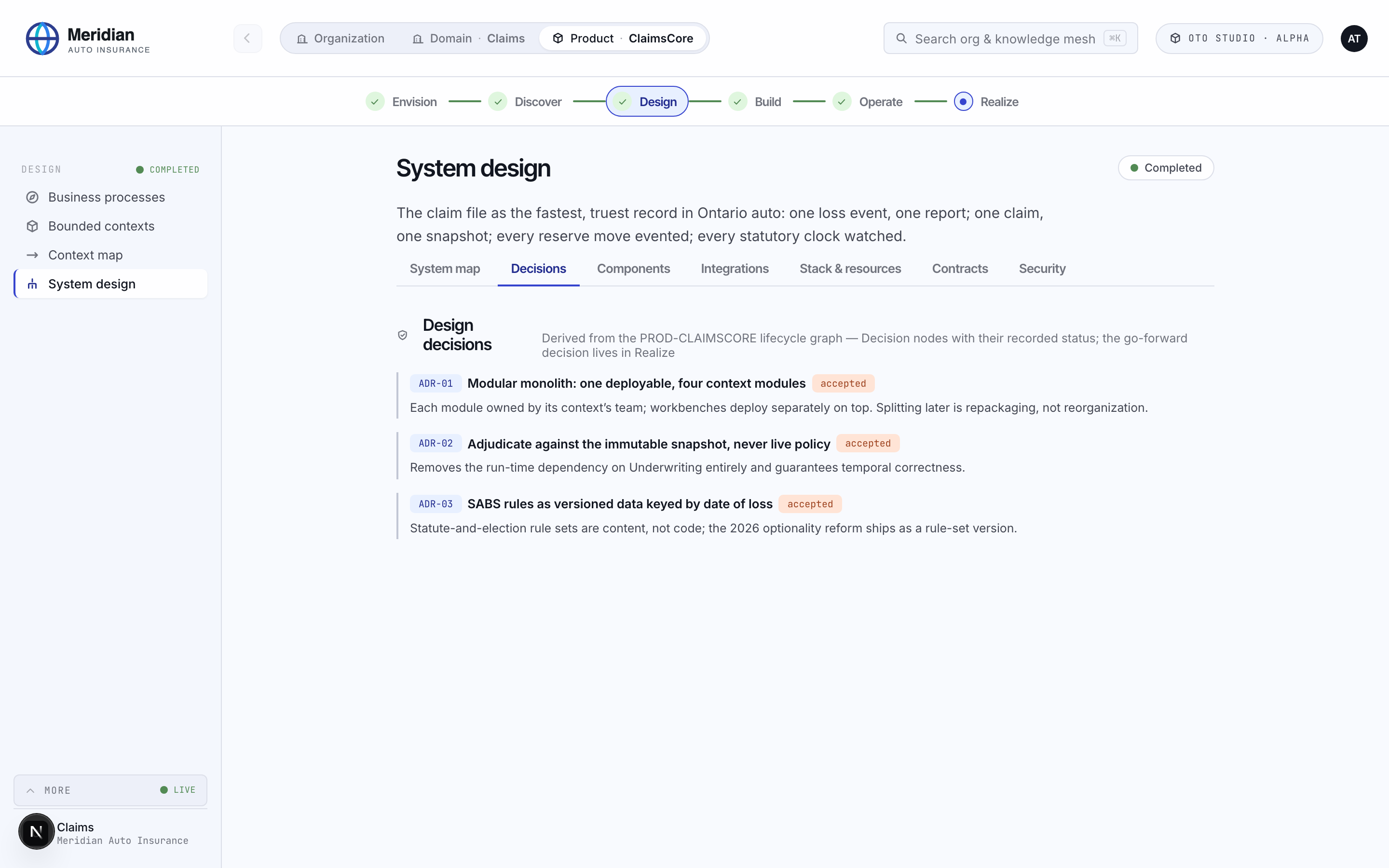Design decisions as architecture decision records, each with its status