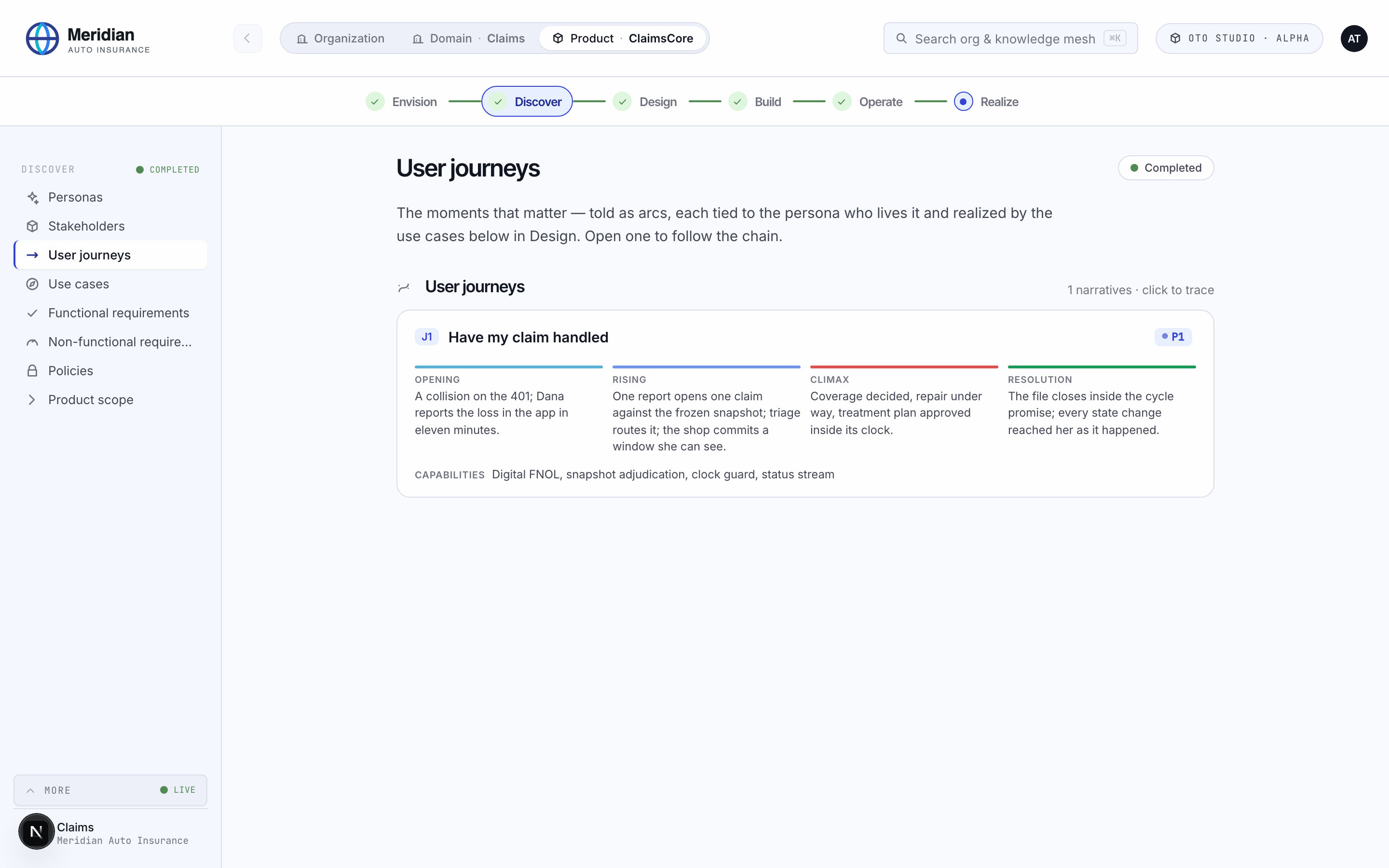 Discover: a user journey told as an arc, tied to its persona and realised by use cases